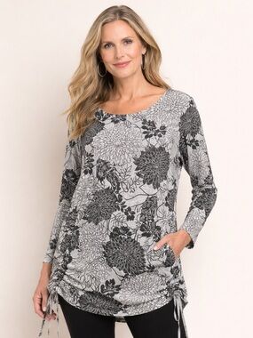 Bryn Walker Black Gray Floral Tunic Ruched Sides Soft Stretch Made USA